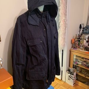 Elie Tahari Men’s Navy Blue Zip-Up Hooded Jacket Coat Rain Coat Size XL